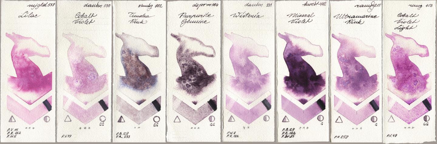 Mijello Mission Gold 558 Lilac, Daniel Smith 030 Cobalt Violet, Shminke Horadam Aquarell 982 Tundra Pink, 164 Purpurite Genuine, 231 Wisteria, Holbein Artists Watercolor 112 Mineral Violet, Roman Szmal Aquarius 215 Ultramarine Pink, 403 Cobalt Violet Lig watercolor swatch