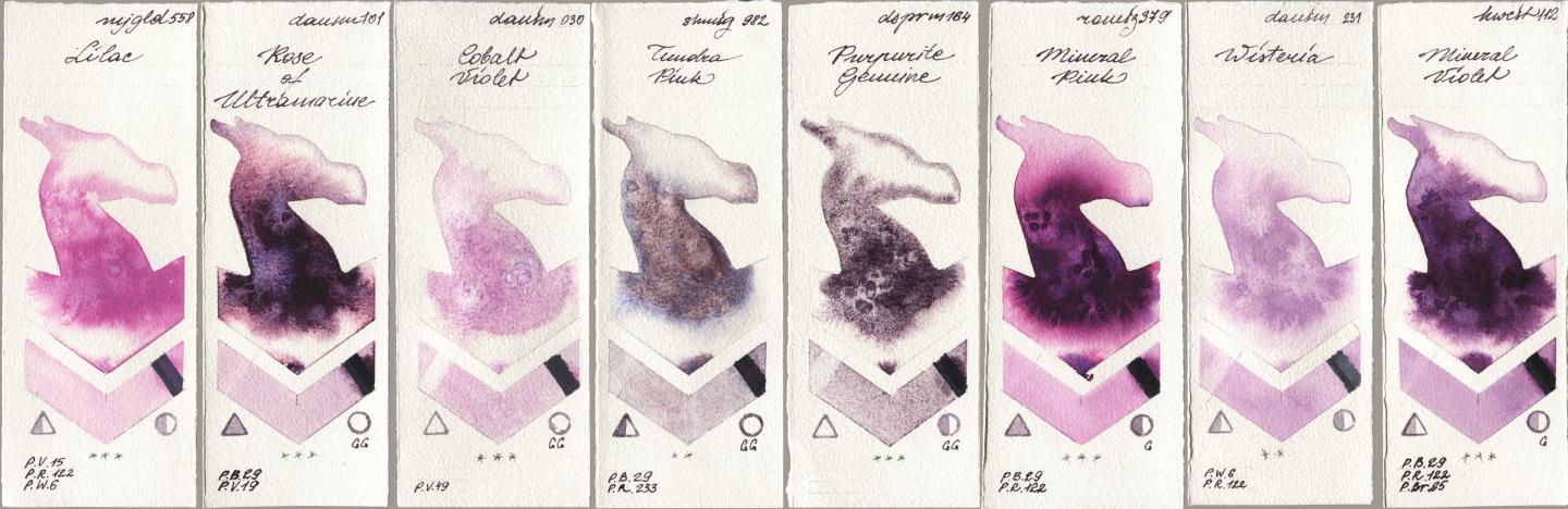 Mijello Mission Gold 558 Lilac, Daniel Smith 101 Rose of Ultramarine, 030 Cobalt Violet, Shminke Horadam Aquarell 982 Tundra Pink, 164 Purpurite Genuine, Roman Szmal Aquarius 379 Mineral Pink, 231 Wisteria, Holbein Artists Watercolor 112 Mineral Viol watercolor swatch