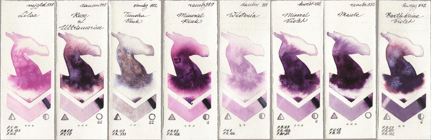 Mijello Mission Gold 558 Lilac, Daniel Smith 101 Rose of Ultramarine, Shminke Horadam Aquarell 982 Tundra Pink, Roman Szmal Aquarius 379 Mineral Pink, 231 Wisteria, Holbein Artists Watercolor 112 Mineral Violet, Royal Talens Rembrandt Watercolour 532 Mauve, 542 Earthshine Viol watercolor swatch