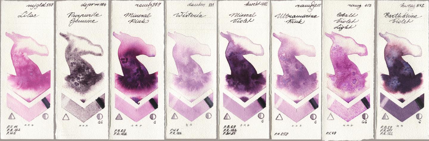 Mijello Mission Gold 558 Lilac, Daniel Smith 164 Purpurite Genuine, Roman Szmal Aquarius 379 Mineral Pink, 231 Wisteria, Holbein Artists Watercolor 112 Mineral Violet, 215 Ultramarine Pink, 403 Cobalt Violet Light, 542 Earthshine Viol watercolor swatch