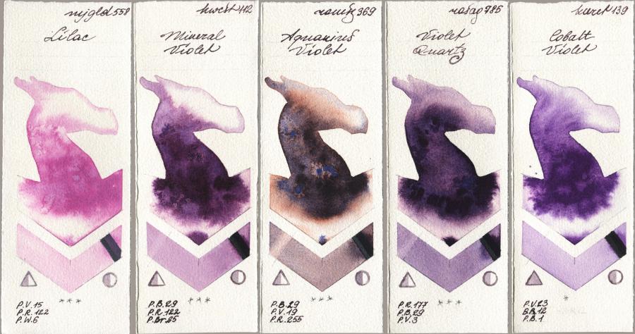 Mijello Mission Gold 558 Lilac vs Holbein Artists Watercolor 112 Mineral Violet vs Roman Szmal Aquarius 369 Aquarius Violet vs Rosa Gallery 785 Violet Quartz vs Kuretake Gansai Tambi 139 Cobalt Violet watercolor swatch