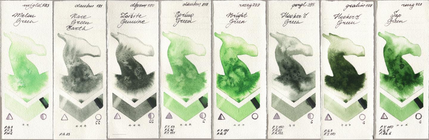 Mijello Mission Gold 593 Melon Green, Daniel Smith 181 Rare Green Earth, 180 Zoisite Genuine, 208 Spring Green, Rosa Gallery 739 Bright Green, Golden QOR 395 Hookers Green, M. Graham & Co. Artists 108 Hookers Green, 728 Sap Gre watercolor swatch