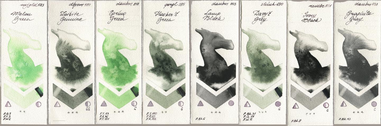 Mijello Mission Gold 593 Melon Green, Daniel Smith 180 Zoisite Genuine, 208 Spring Green, Golden QOR 395 Hookers Green, 003 Lamp Black, Shinhan PWC 690 Davys Grey, Royal Talens Rembrandt Watercolour 701 Ivory Black, 038 Graphite Gr watercolor swatch