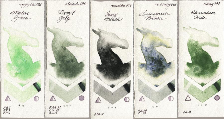 Mijello Mission Gold 593 Melon Green vs Shinhan PWC 690 Davys Grey vs Royal Talens Rembrandt Watercolour 701 Ivory Black vs Rockwell 143 Limugreen Brown vs Rosa Gallery 743 Chromium Oxide watercolor swatch