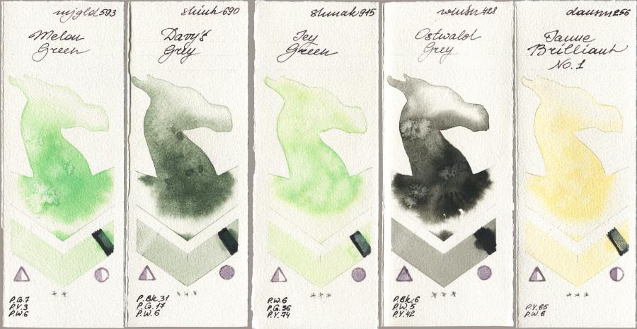 Mijello Mission Gold 593 Melon Green vs Shinhan PWC 690 Davys Grey vs Shminke Akademie Aquarell 915 Icy Green vs Winsor & Newton Professional 428 Ostwald Grey vs Daniel Smith 256 Jaune Brilliant No 1 watercolor swatch