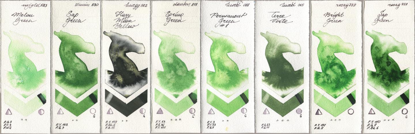 Mijello Mission Gold 593 Melon Green, Shminke Horadam Aquarell 530 Sap Green, Holbein Artists Watercolor 562 Hazy Moon Yellow, Daniel Smith 208 Spring Green, 066 Permanent Green No 1, 065 Terre Verte, Rosa Gallery 739 Bright Green, 728 Sap Gre watercolor swatch