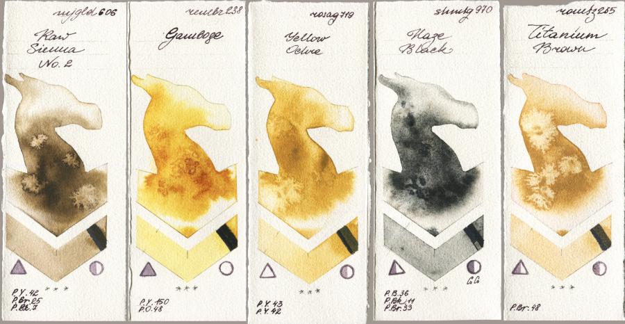 Mijello Mission Gold 606 Raw Sienna No 2 vs Royal Talens Rembrandt Watercolour 238 Gamboge vs Rosa Gallery 719 Yellow Ochre vs Shminke Horadam Aquarell 970 Haze Black vs Roman Szmal Aquarius 265 Titanium Brown watercolor swatch