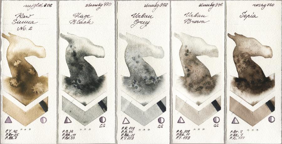 Mijello Mission Gold 606 Raw Sienna No 2 vs Shminke Horadam Aquarell 970 Haze Black vs 956 Urban Grey vs 946 Urban Brown vs Rosa Gallery 720 Sepia watercolor swatch