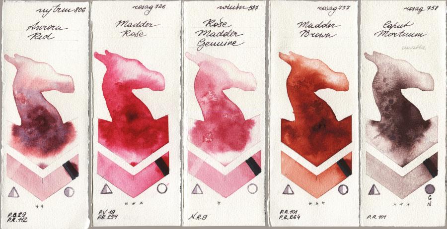 Mijello Mission Gold 806 Aurora Red vs Rosa Gallery 726 Madder Rose vs Winsor & Newton Professional 587 Rose Madder Genuine vs 757 Madder Brown vs 758 Caput Mortuum watercolor swatch