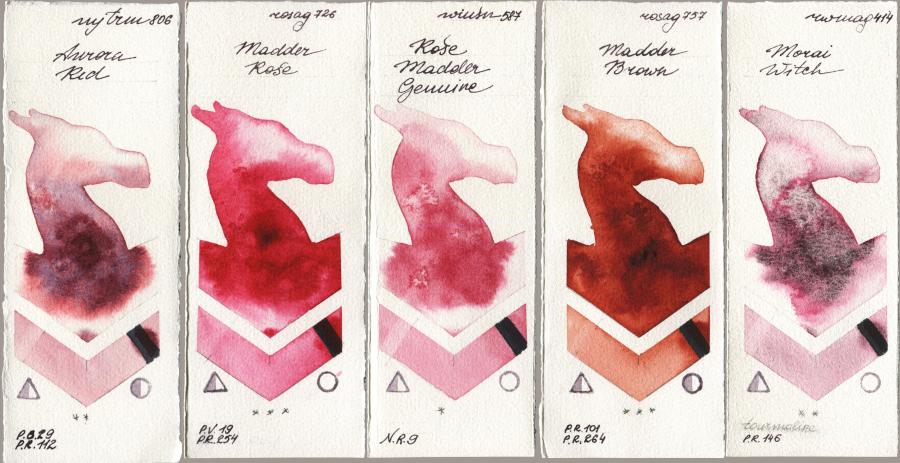 Mijello Mission Gold 806 Aurora Red vs Rosa Gallery 726 Madder Rose vs Winsor & Newton Professional 587 Rose Madder Genuine vs 757 Madder Brown vs Rockwell 414 Morai Witch watercolor swatch