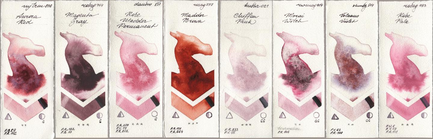Mijello Mission Gold 806 Aurora Red, Rosa Gallery 764 Magenta Gray, Daniel Smith 237 Rose Madder Permanent, 757 Madder Brown, Kusakabe 021 Chiffon Pink, Rockwell 414 Morai Witch, Shminke Horadam Aquarell 914 Volcano Violet, 793 Rose Pa watercolor swatch