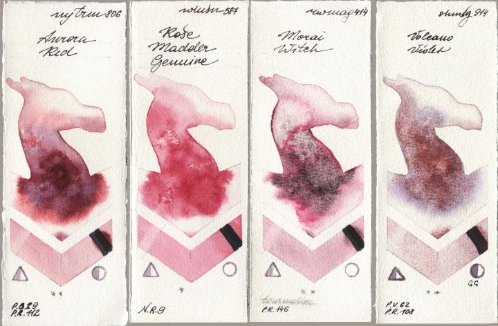 Mijello Mission Gold 806 Aurora Red vs Winsor & Newton Professional 587 Rose Madder Genuine vs Rockwell 414 Morai Witch vs Shminke Horadam Aquarell 914 Volcano Violet watercolor swatch