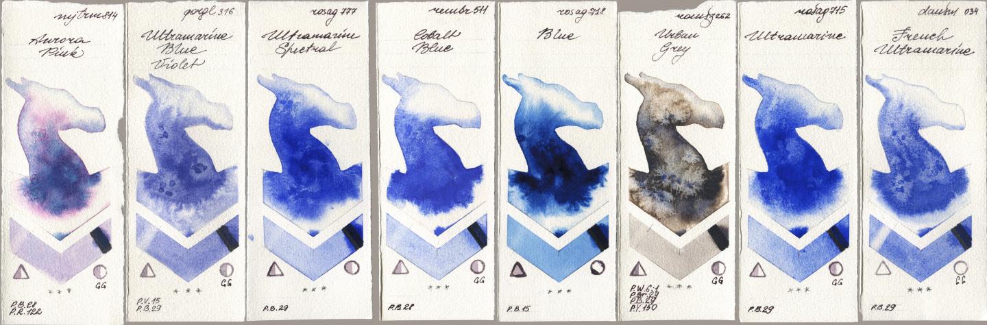 Mijello Mission Gold 814 Aurora Pink, Golden QOR 316 Ultramarine Blue Violet, Rosa Gallery 777 Ultramarine Spectral, Royal Talens Rembrandt Watercolour 511 Cobalt Blue, 718 Blue, Roman Szmal Aquarius 262 Urban Grey, 715 Ultramarine, Daniel Smith 034 French Ultramari watercolor swatch