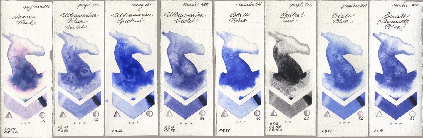 Mijello Mission Gold 814 Aurora Pink, Golden QOR 316 Ultramarine Blue Violet, Rosa Gallery 777 Ultramarine Spectral, Shminke Horadam Aquarell 495 Ultramarine Violet, Royal Talens Rembrandt Watercolour 511 Cobalt Blue, 520 Neutral Tint, M. Graham & Co. Artists 090 Cobalt Blue, Winsor & Newton Professional 710 Smalt (Dumonts Blu watercolor swatch