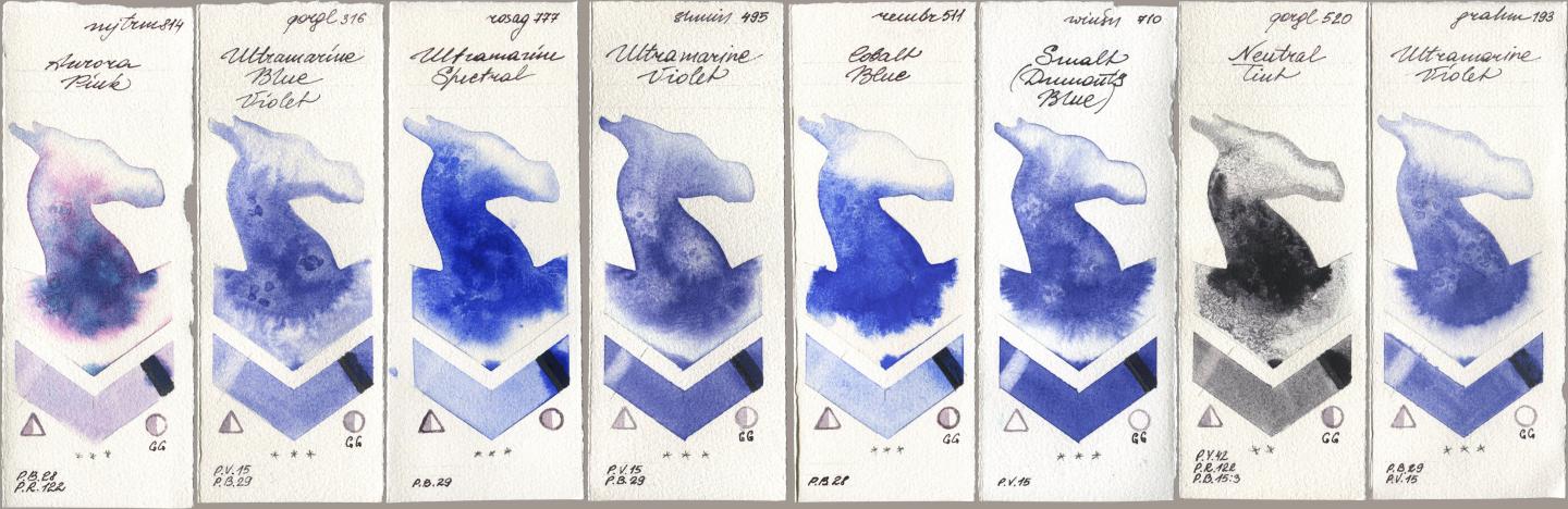Mijello Mission Gold 814 Aurora Pink, Golden QOR 316 Ultramarine Blue Violet, Rosa Gallery 777 Ultramarine Spectral, Shminke Horadam Aquarell 495 Ultramarine Violet, Royal Talens Rembrandt Watercolour 511 Cobalt Blue, Winsor & Newton Professional 710 Smalt (Dumonts Blue), 520 Neutral Tint, M. Graham & Co. Artists 193 Ultramarine Viol watercolor swatch