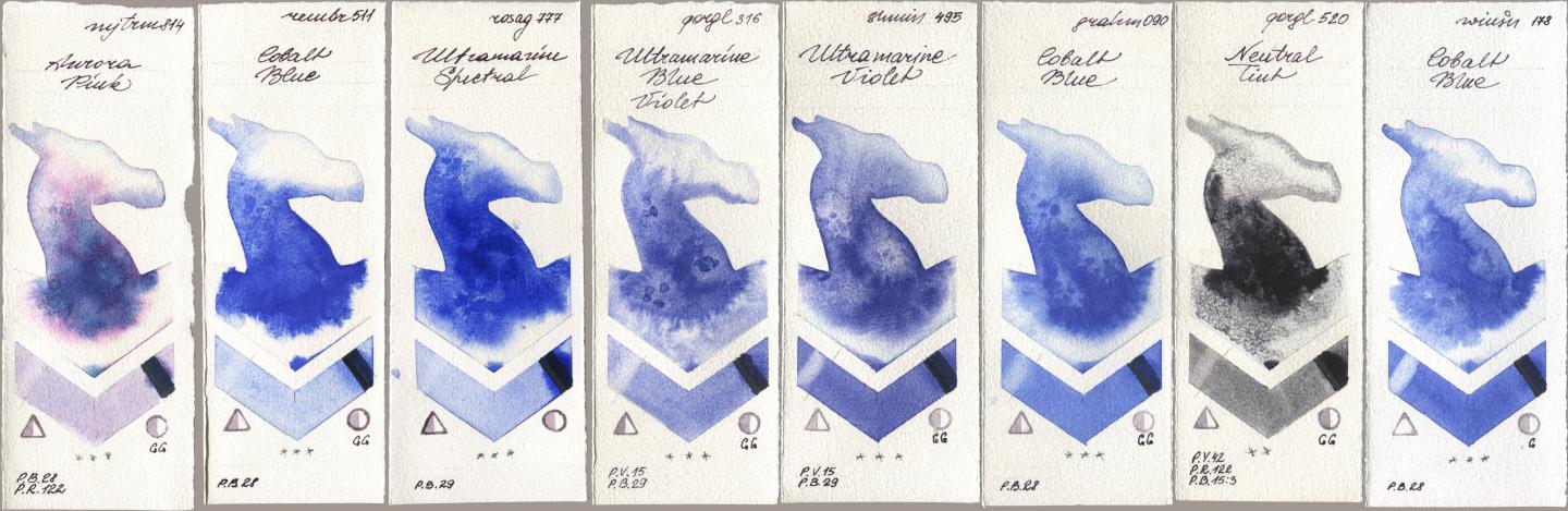 Mijello Mission Gold 814 Aurora Pink, Royal Talens Rembrandt Watercolour 511 Cobalt Blue, Rosa Gallery 777 Ultramarine Spectral, Golden QOR 316 Ultramarine Blue Violet, Shminke Horadam Aquarell 495 Ultramarine Violet, M. Graham & Co. Artists 090 Cobalt Blue, 520 Neutral Tint, Winsor & Newton Professional 178 Cobalt Bl watercolor swatch