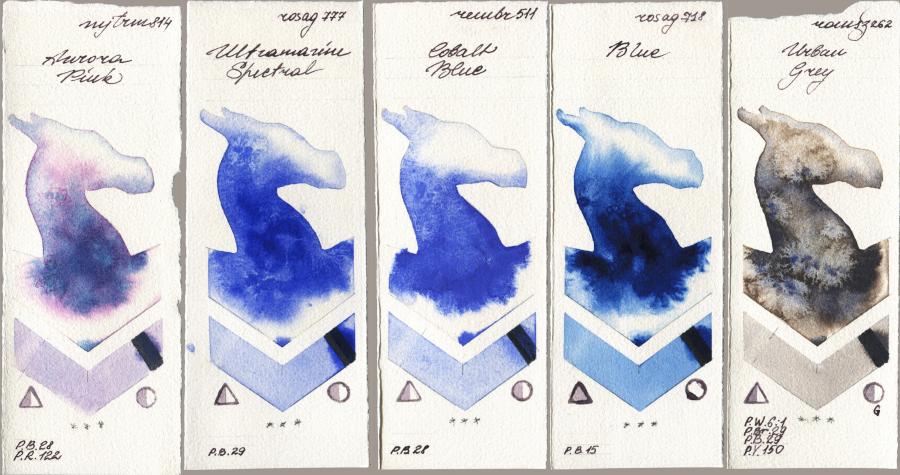 Mijello Mission Gold 814 Aurora Pink vs Rosa Gallery 777 Ultramarine Spectral vs Royal Talens Rembrandt Watercolour 511 Cobalt Blue vs 718 Blue vs Roman Szmal Aquarius 262 Urban Grey watercolor swatch