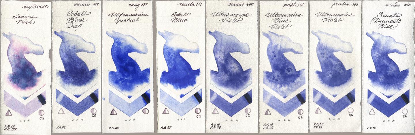 Mijello Mission Gold 814 Aurora Pink, Shminke Horadam Aquarell 488 Cobalt Blue Deep, Rosa Gallery 777 Ultramarine Spectral, Royal Talens Rembrandt Watercolour 511 Cobalt Blue, 495 Ultramarine Violet, Golden QOR 316 Ultramarine Blue Violet, M. Graham & Co. Artists 193 Ultramarine Violet, Winsor & Newton Professional 710 Smalt (Dumonts Blu watercolor swatch