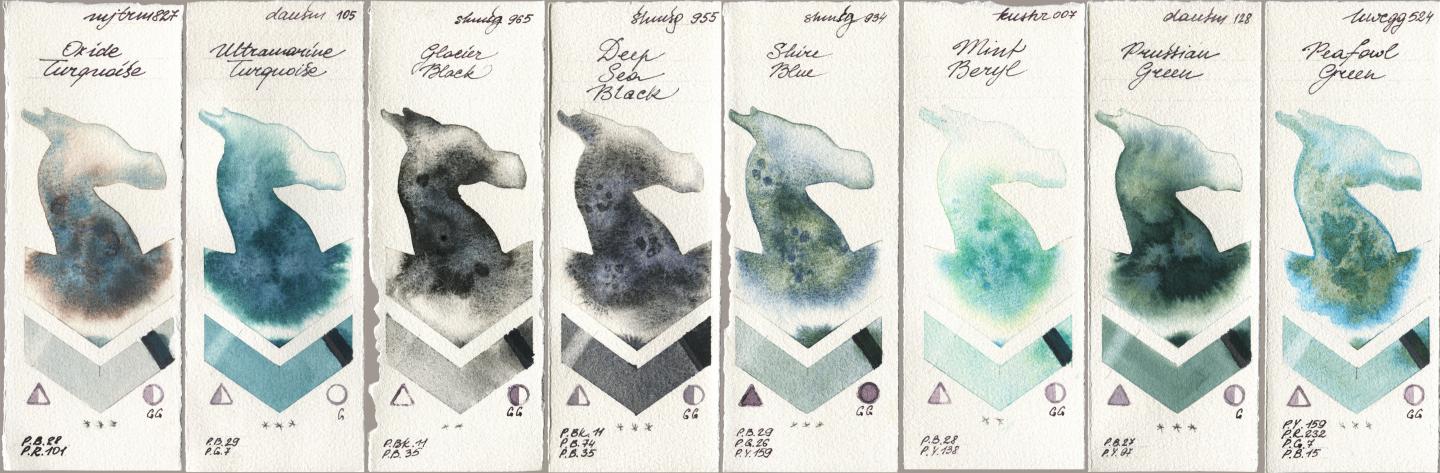 Mijello Mission Gold 827 Oxide Turquoise, Daniel Smith 105 Ultramarine Turquoise, Shminke Horadam Aquarell 965 Glacier Black, 955 Deep Sea Black, 934 Shire Blue, Kusakabe 007 Mint Beryl, 128 Prussian Green, Holbein Artists Watercolor 524 Peafowl Gre watercolor swatch