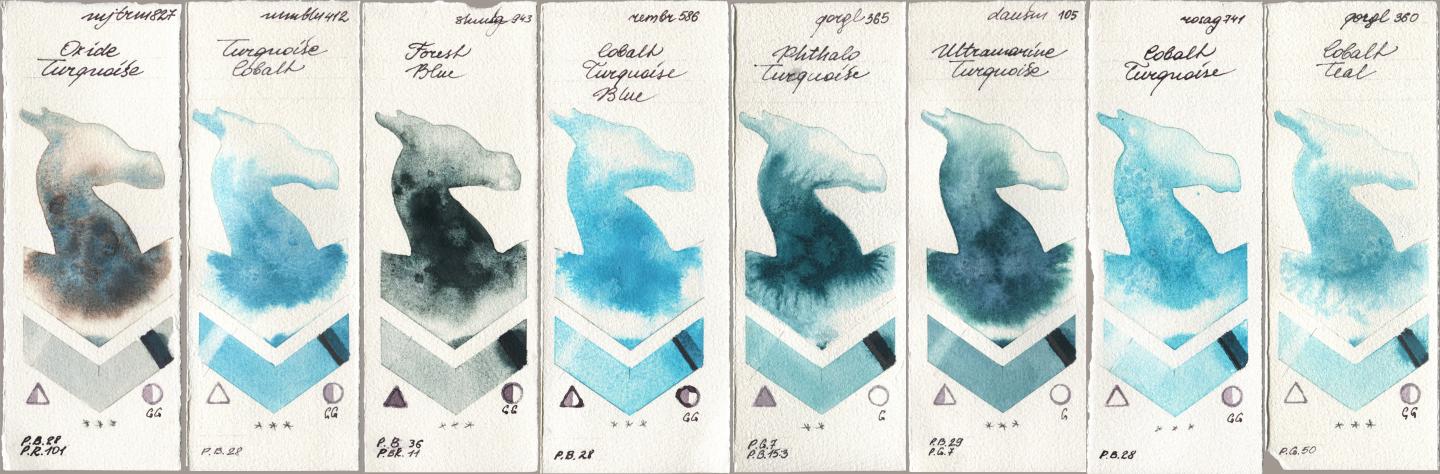 Mijello Mission Gold 827 Oxide Turquoise, Maimeri Blu 412 Turquoise Cobalt, Shminke Horadam Aquarell 943 Forest Blue, Royal Talens Rembrandt Watercolour 586 Cobalt Turquoise Blue, Golden QOR 365 Phthalo Turquoise, Daniel Smith 105 Ultramarine Turquoise, Rosa Gallery 741 Cobalt Turquoise, 360 Cobalt Te watercolor swatch