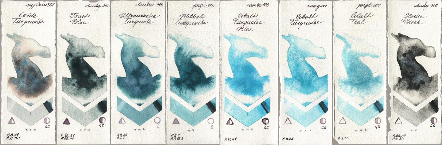 Mijello Mission Gold 827 Oxide Turquoise, Shminke Horadam Aquarell 943 Forest Blue, Daniel Smith 105 Ultramarine Turquoise, Golden QOR 365 Phthalo Turquoise, Royal Talens Rembrandt Watercolour 586 Cobalt Turquoise Blue, Rosa Gallery 741 Cobalt Turquoise, 360 Cobalt Teal, 965 Glacier Bla watercolor swatch