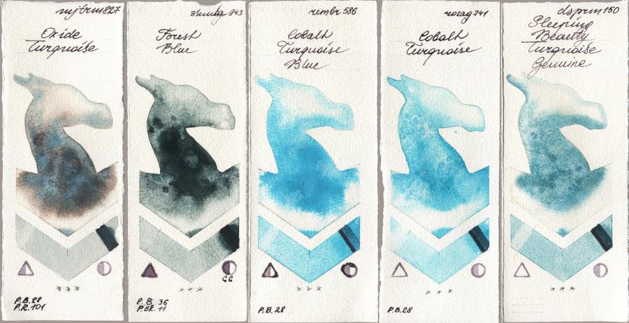 Mijello Mission Gold 827 Oxide Turquoise vs Shminke Horadam Aquarell 943 Forest Blue vs Royal Talens Rembrandt Watercolour 586 Cobalt Turquoise Blue vs Rosa Gallery 741 Cobalt Turquoise vs Daniel Smith 150 Sleeping Beauty Turquoise Genuine watercolor swatch