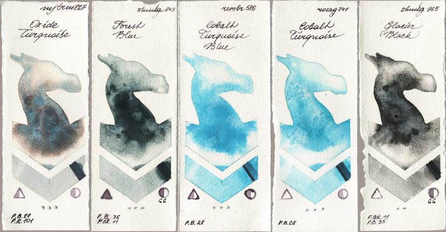 Mijello Mission Gold 827 Oxide Turquoise vs Shminke Horadam Aquarell 943 Forest Blue vs Royal Talens Rembrandt Watercolour 586 Cobalt Turquoise Blue vs Rosa Gallery 741 Cobalt Turquoise vs 965 Glacier Black watercolor swatch