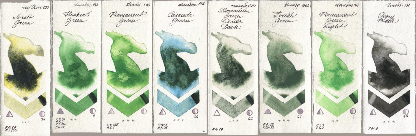 Mijello Mission Gold 830 Forest Green, Daniel Smith 042 Hookers Green, Shminke Horadam Aquarell 526 Permanent Green, 142 Cascade Green, Roman Szmal Aquarius 270 Chromium Green Oxide Dark, 942 Forest Green, 067 Permanent Green Light, Holbein Artists Watercolor 138 Ivory Bla watercolor swatch