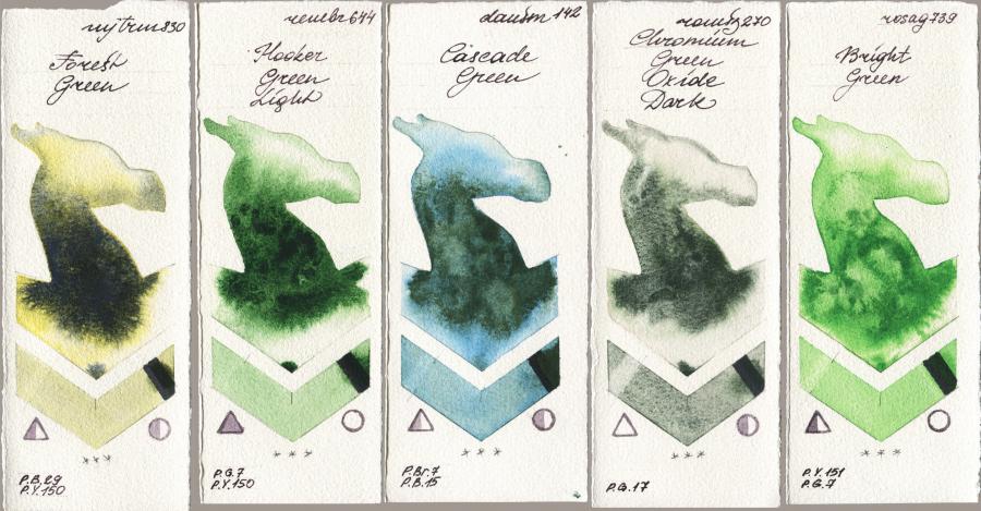 Mijello Mission Gold 830 Forest Green vs Royal Talens Rembrandt Watercolour 644 Hooker Green Light vs Daniel Smith 142 Cascade Green vs Roman Szmal Aquarius 270 Chromium Green Oxide Dark vs Rosa Gallery 739 Bright Green watercolor swatch