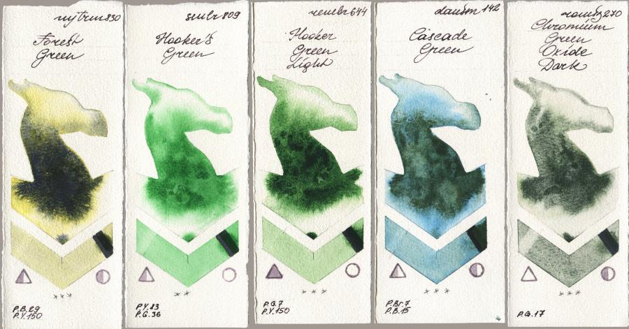 Mijello Mission Gold 830 Forest Green vs Sennelier l Aquarelle 809 Hookers Green vs Royal Talens Rembrandt Watercolour 644 Hooker Green Light vs Daniel Smith 142 Cascade Green vs Roman Szmal Aquarius 270 Chromium Green Oxide Dark watercolor swatch