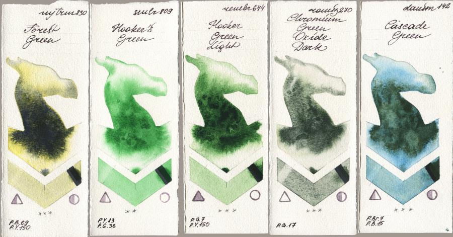Mijello Mission Gold 830 Forest Green vs Sennelier l Aquarelle 809 Hookers Green vs Royal Talens Rembrandt Watercolour 644 Hooker Green Light vs Roman Szmal Aquarius 270 Chromium Green Oxide Dark vs Daniel Smith 142 Cascade Green watercolor swatch