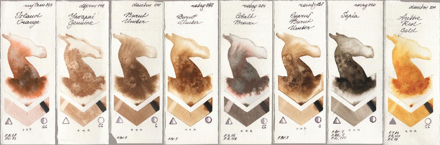Mijello Mission Gold 844 Island Orange, Daniel Smith 146 Yavapai Genuine, 011 Burnt Umber, Rosa Gallery 746 Burnt Umber, 784 Cobalt Brown, Roman Szmal Aquarius 128 Cyprus Burnt Umber, 720 Sepia, 234 Aussie Red Go watercolor swatch