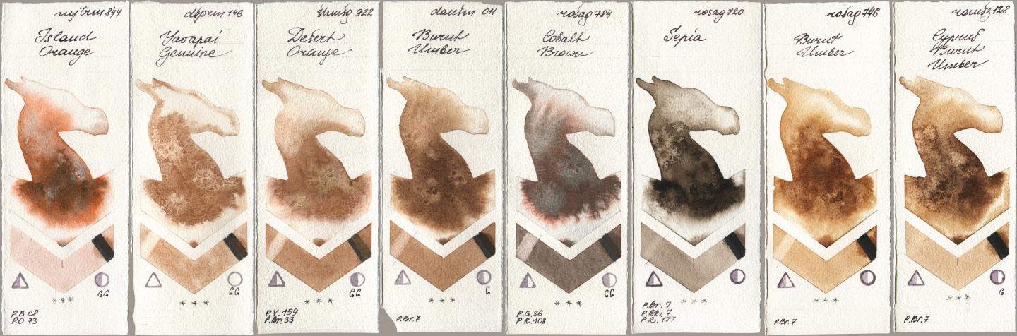 Mijello Mission Gold 844 Island Orange, Daniel Smith 146 Yavapai Genuine, Shminke Horadam Aquarell 922 Desert Orange, 011 Burnt Umber, Rosa Gallery 784 Cobalt Brown, 720 Sepia, 746 Burnt Umber, Roman Szmal Aquarius 128 Cyprus Burnt Umb watercolor swatch