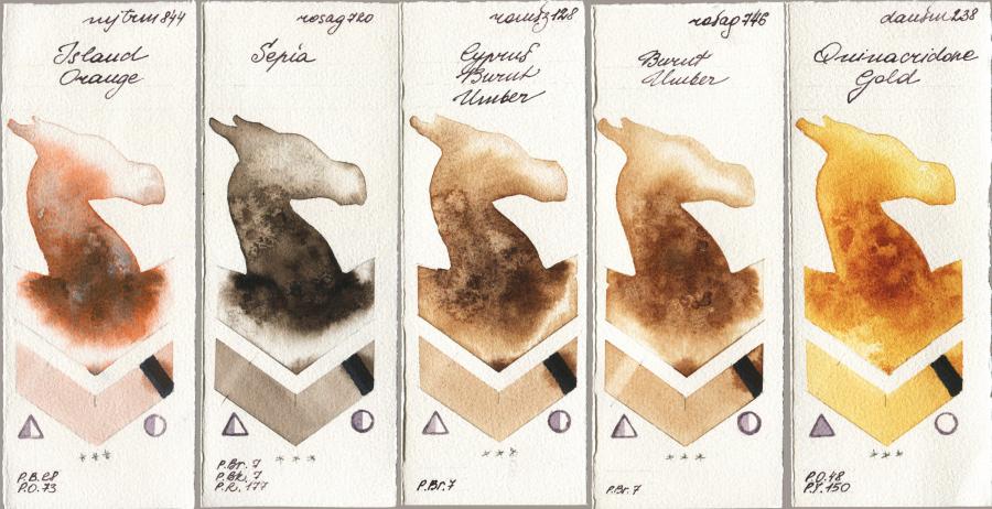 Mijello Mission Gold 844 Island Orange vs Rosa Gallery 720 Sepia vs Roman Szmal Aquarius 128 Cyprus Burnt Umber vs 746 Burnt Umber vs Daniel Smith 238 Quinacridone Gold watercolor swatch