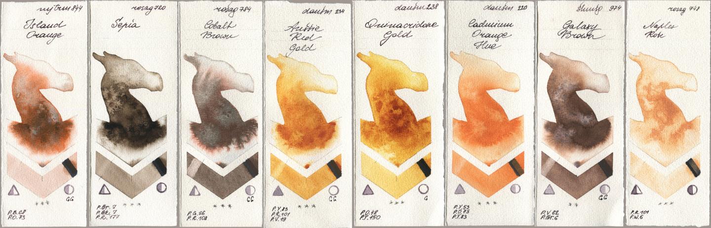 Mijello Mission Gold 844 Island Orange, Rosa Gallery 720 Sepia, 784 Cobalt Brown, Daniel Smith 234 Aussie Red Gold, 238 Quinacridone Gold, 220 Cadmium Orange Hue, Shminke Horadam Aquarell 974 Galaxy Brown, 748 Naples Ro watercolor swatch