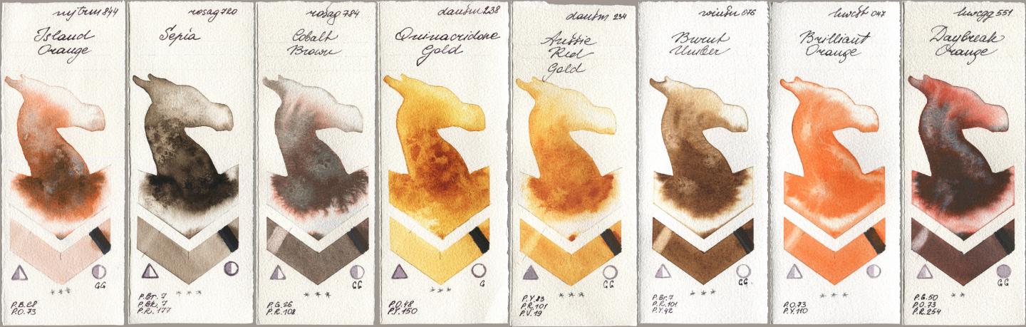 Mijello Mission Gold 844 Island Orange, Rosa Gallery 720 Sepia, 784 Cobalt Brown, Daniel Smith 238 Quinacridone Gold, 234 Aussie Red Gold, Winsor & Newton Professional 076 Burnt Umber, Holbein Artists Watercolor 047 Brilliant Orange, 551 Daybreak Oran watercolor swatch