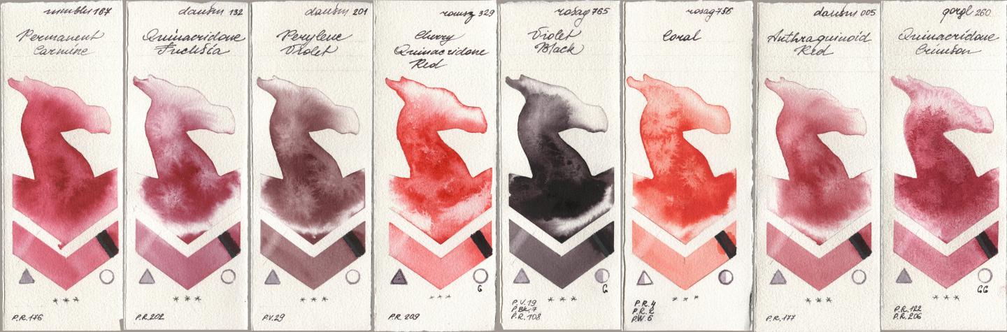 Maimeri Blu 167 Permanent Carmine, Daniel Smith 132 Quinacridone Fuchsia, 201 Perylene Violet, Roman Szmal Aquarius 329 Cherry Quinacridone Red, Rosa Gallery 765 Violet Black, 756 Coral, 005 Anthraquinoid Red, Golden QOR 260 Quinacridone Crims watercolor swatch