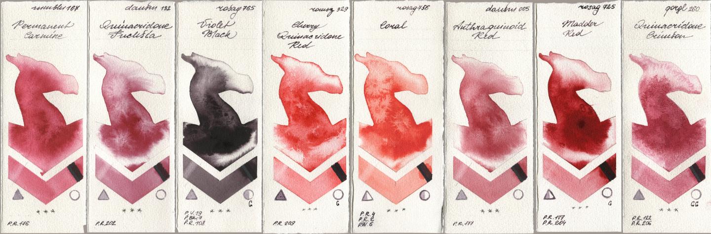 Maimeri Blu 167 Permanent Carmine, Daniel Smith 132 Quinacridone Fuchsia, Rosa Gallery 765 Violet Black, Roman Szmal Aquarius 329 Cherry Quinacridone Red, 756 Coral, 005 Anthraquinoid Red, 725 Madder Red, Golden QOR 260 Quinacridone Crims watercolor swatch