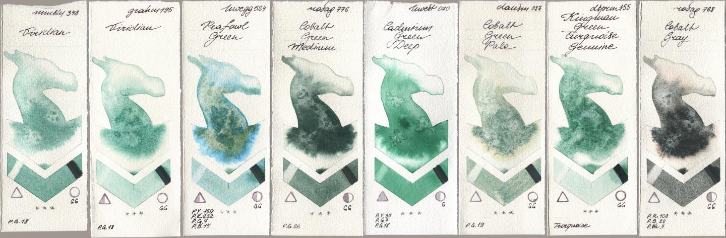 Maimeri Blu 348 Viridian, M. Graham & Co. Artists 195 Viridian, Holbein Artists Watercolor 524 Peafowl Green, Rosa Gallery 776 Cobalt Green Medium, 070 Cadmium Green Deep, Daniel Smith 027 Cobalt Green Pale, 155 Kingman Green Turquoise Genuine, 768 Cobalt Gr watercolor swatch