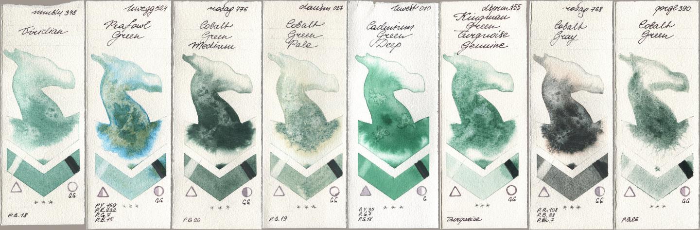 Maimeri Blu 348 Viridian, Holbein Artists Watercolor 524 Peafowl Green, Rosa Gallery 776 Cobalt Green Medium, Daniel Smith 027 Cobalt Green Pale, 070 Cadmium Green Deep, 155 Kingman Green Turquoise Genuine, 768 Cobalt Gray, Golden QOR 390 Cobalt Gre watercolor swatch
