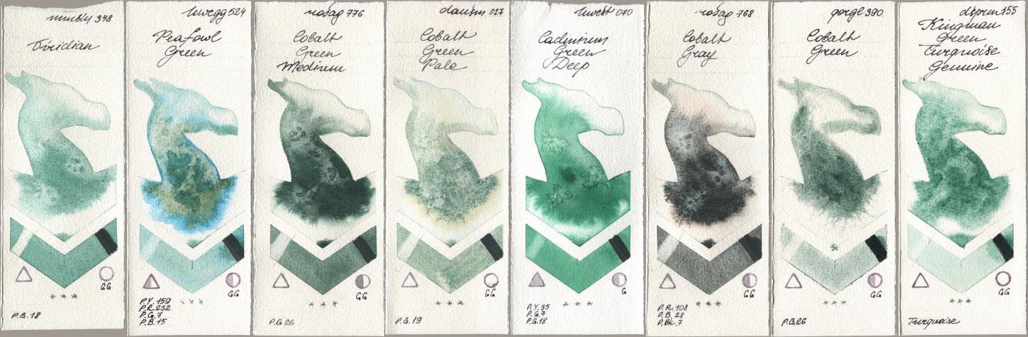 Maimeri Blu 348 Viridian, Holbein Artists Watercolor 524 Peafowl Green, Rosa Gallery 776 Cobalt Green Medium, Daniel Smith 027 Cobalt Green Pale, 070 Cadmium Green Deep, 768 Cobalt Gray, Golden QOR 390 Cobalt Green, 155 Kingman Green Turquoise Genui watercolor swatch