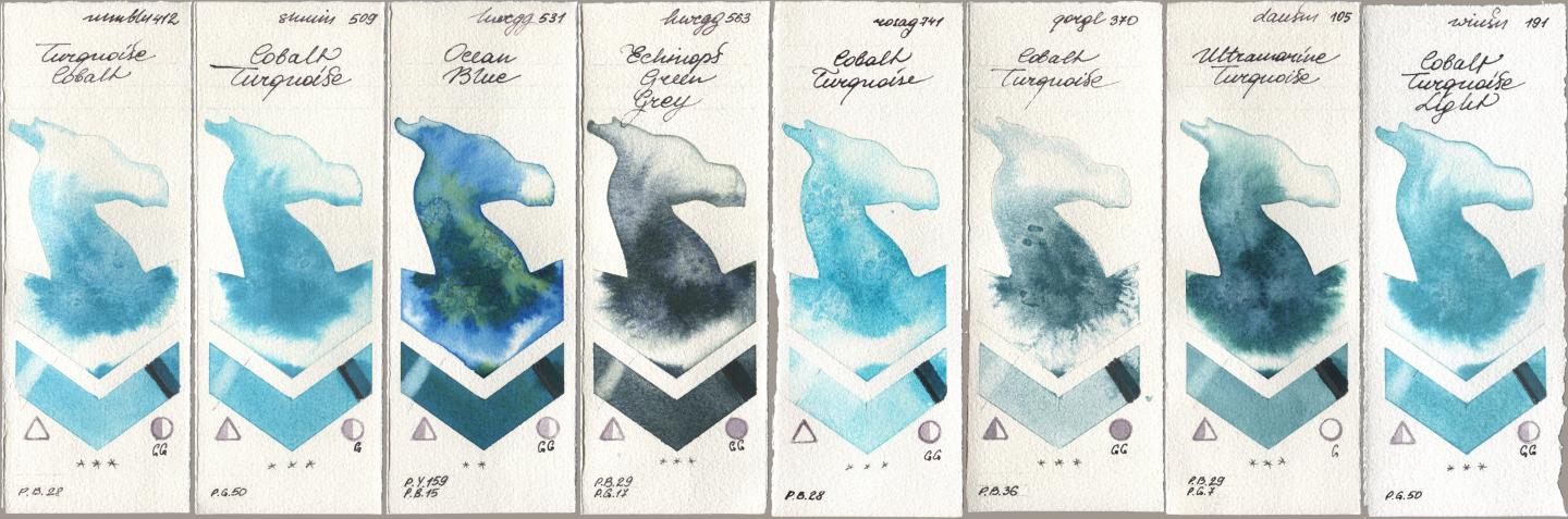 Maimeri Blu 412 Turquoise Cobalt, Shminke Horadam Aquarell 509 Cobalt Turquoise, Holbein Artists Watercolor 531 Ocean Blue, 563 Echinops Green Grey, Rosa Gallery 741 Cobalt Turquoise, Golden QOR 370 Cobalt Turquoise, Daniel Smith 105 Ultramarine Turquoise, Winsor & Newton Professional 191 Cobalt Turquoise Lig watercolor swatch