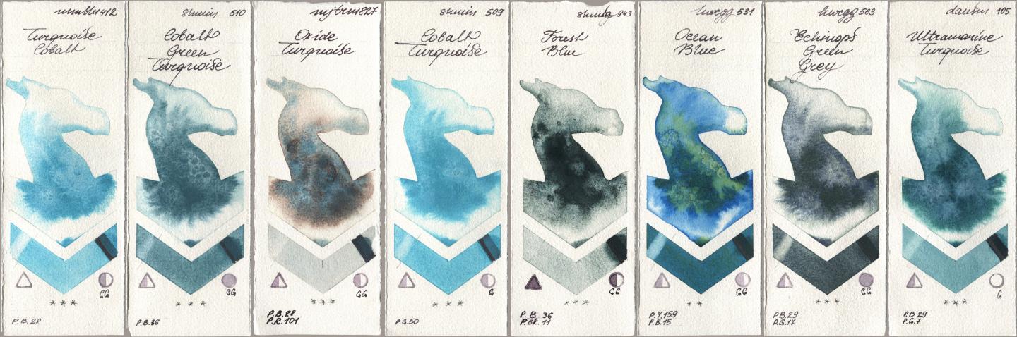 Maimeri Blu 412 Turquoise Cobalt, Shminke Horadam Aquarell 510 Cobalt Green Turquoise, Mijello Mission Gold 827 Oxide Turquoise, 509 Cobalt Turquoise, 943 Forest Blue, Holbein Artists Watercolor 531 Ocean Blue, 563 Echinops Green Grey, Daniel Smith 105 Ultramarine Turquoi watercolor swatch