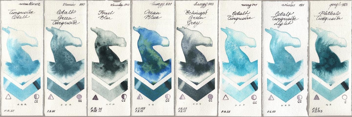 Maimeri Blu 412 Turquoise Cobalt, Shminke Horadam Aquarell 510 Cobalt Green Turquoise, 943 Forest Blue, Holbein Artists Watercolor 531 Ocean Blue, 563 Echinops Green Grey, Rosa Gallery 741 Cobalt Turquoise, Winsor & Newton Professional 191 Cobalt Turquoise Light, Golden QOR 365 Phthalo Turquoi watercolor swatch
