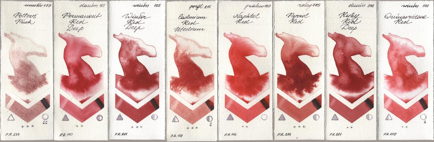 Maimeri Blu 479 Potters Pink, Daniel Smith 069 Permanent Red Deep, Winsor & Newton Professional 725 Winsor Red Deep, Golden QOR 215 Cadmium Red Medium, M. Graham & Co. Artists 120 Naphthol Red, Rosa Gallery 775 Pyrrole Red, Shminke Horadam Aquarell 346 Ruby Red Deep, 548 Quinacridone R watercolor swatch