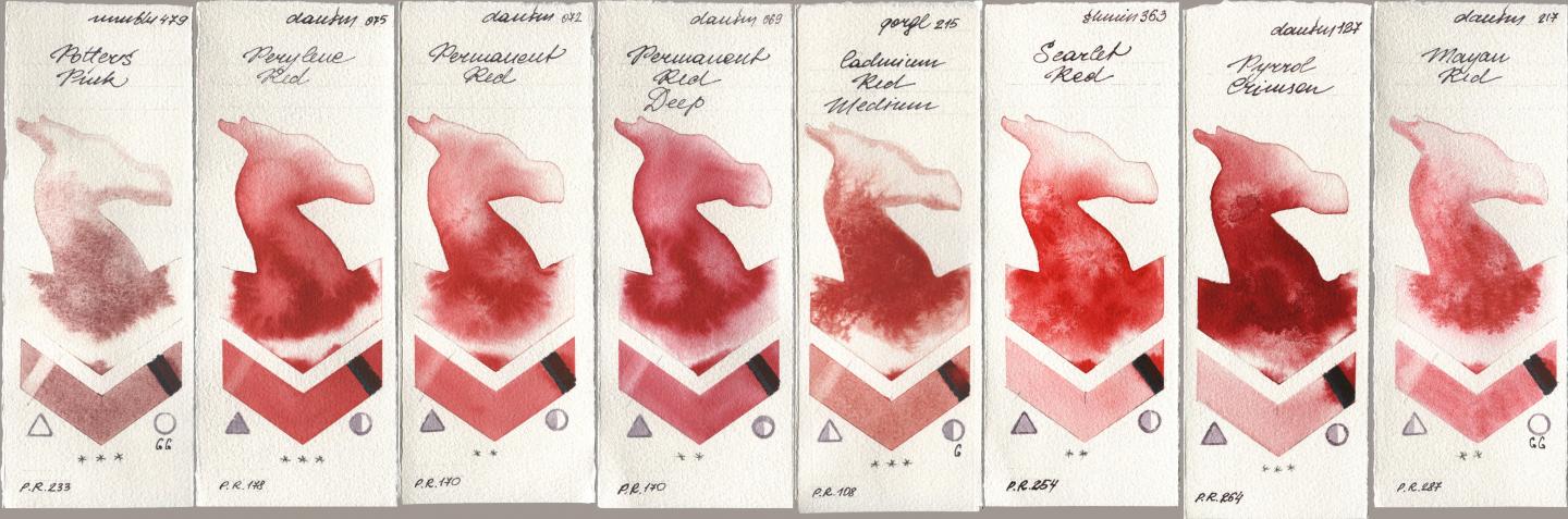 Maimeri Blu 479 Potters Pink, Daniel Smith 075 Perylene Red, 072 Permanent Red, 069 Permanent Red Deep, Golden QOR 215 Cadmium Red Medium, Shminke Horadam Aquarell 363 Scarlet Red, 127 Pyrrol Crimson, 217 Mayan R watercolor swatch