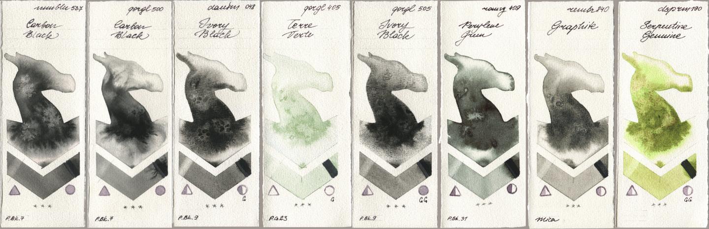 Maimeri Blu 537 Carbon Black, Golden QOR 500 Carbon Black, Daniel Smith 048 Ivory Black, 405 Terre Verte, 505 Ivory Black, Roman Szmal Aquarius 409 Perylene Green, Royal Talens Rembrandt Watercolour 840 Graphite, 190 Serpentine Genui watercolor swatch