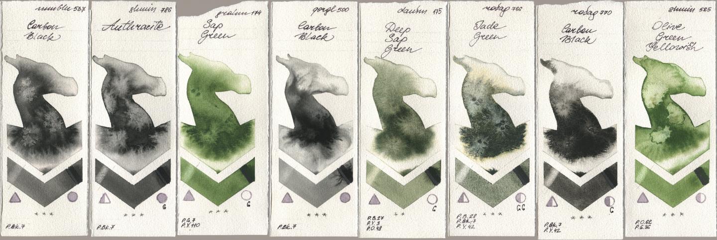 Maimeri Blu 537 Carbon Black, Shminke Horadam Aquarell 786 Anthracite, M. Graham & Co. Artists 174 Sap Green, Golden QOR 500 Carbon Black, Daniel Smith 175 Deep Sap Green, Rosa Gallery 766 Jade Green, 770 Carbon Black, 525 Olive Green Yellowi watercolor swatch