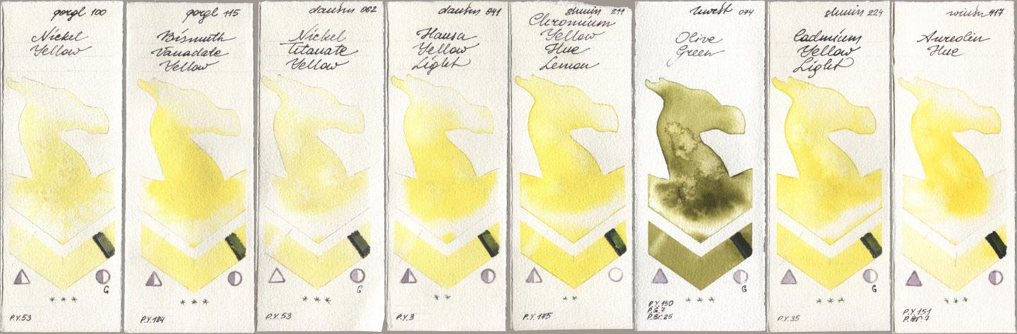 Golden QOR 100 Nickel Yellow, 115 Bismuth Vanadate Yellow, Daniel Smith 062 Nickel Titanate Yellow, 041 Hansa Yellow Light, Shminke Horadam Aquarell 211 Chromium Yellow Hue Lemon, Holbein Artists Watercolor 074 Olive Green, 224 Cadmium Yellow Light, Winsor & Newton Professional 417 Aureolin H watercolor swatch