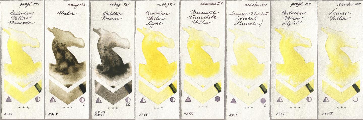 Golden QOR 105 Cadmium Yellow Primrose, Rosa Gallery 722 Umber, 761 Golden Brown, 731 Cadmium Yellow Light, Daniel Smith 154 Bismuth Vanadate Yellow, Winsor & Newton Professional 347 Lemon Yellow (Nickel Titanate), 120 Cadmium Yellow Light, 165 Lemon Yell watercolor swatch